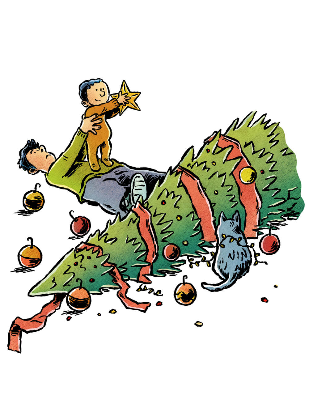 Illustration of a father and baby lying on the floor after a Christmas tree falls over, with the baby holding a star topper.