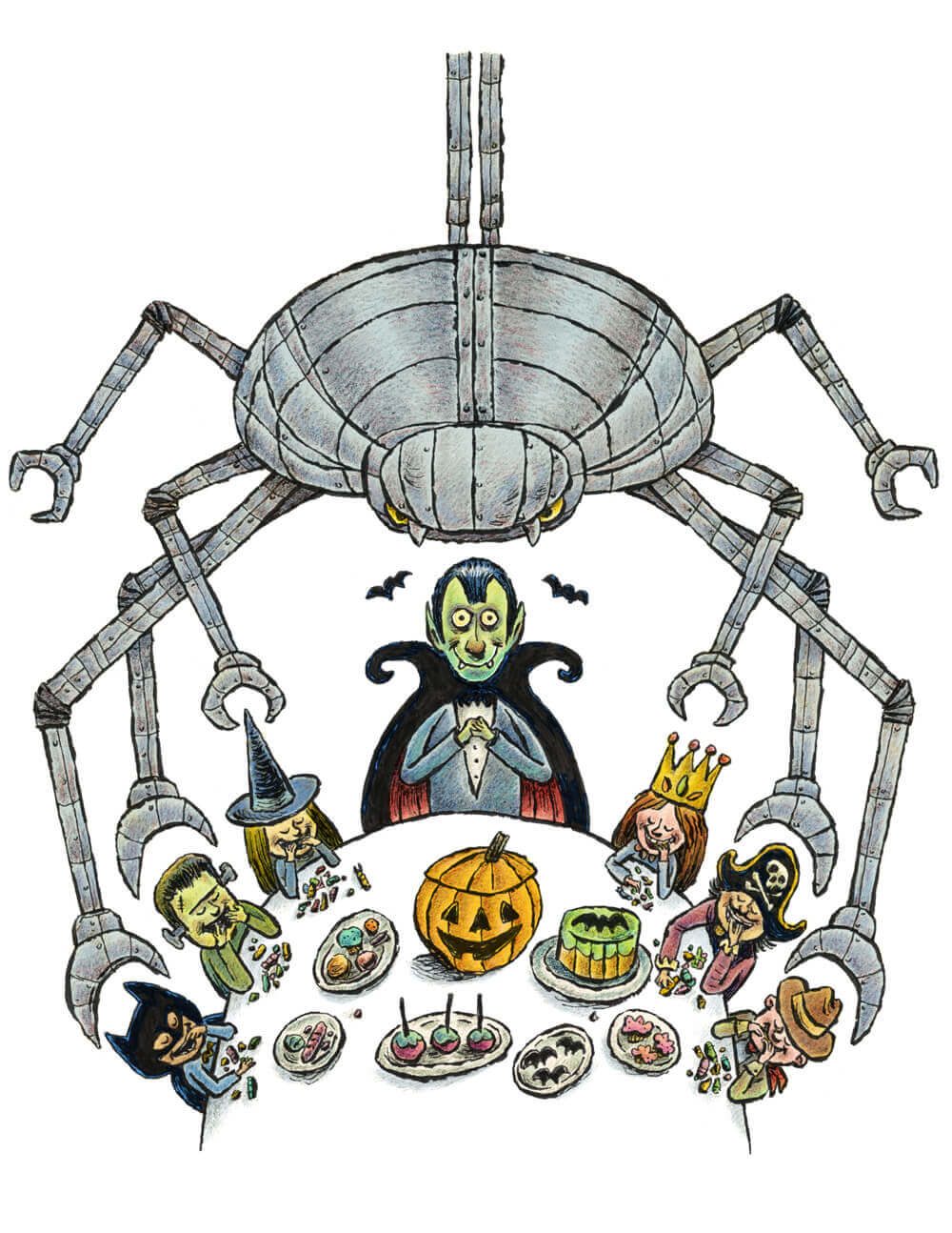 Halloween illustration of kids in costumes eating candy under a giant robot spider, with vampire and pumpkin centerpiece – spooky children's party art by Tom Shannon.