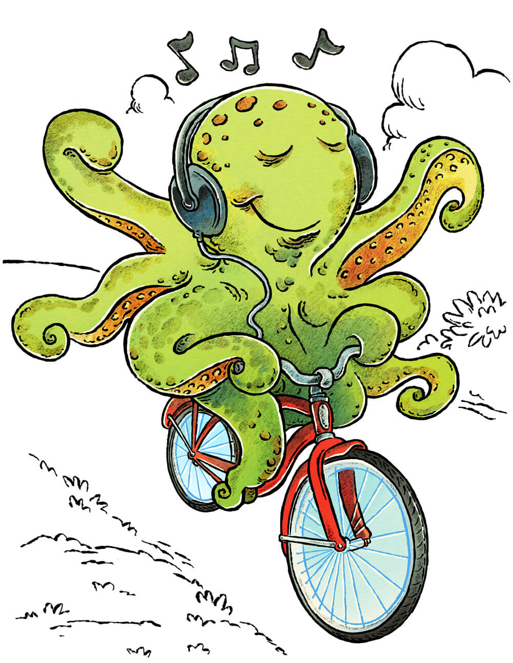 A cheerful green octopus wearing headphones and riding a red bicycle, eyes closed and enjoying music, with musical notes floating above its head.