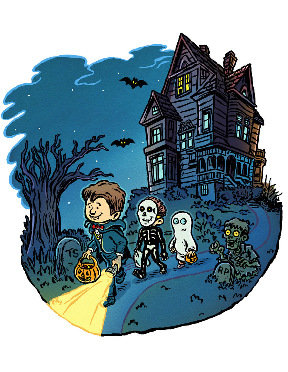 Illustration of trick-or-treaters walking down a glowing street at night